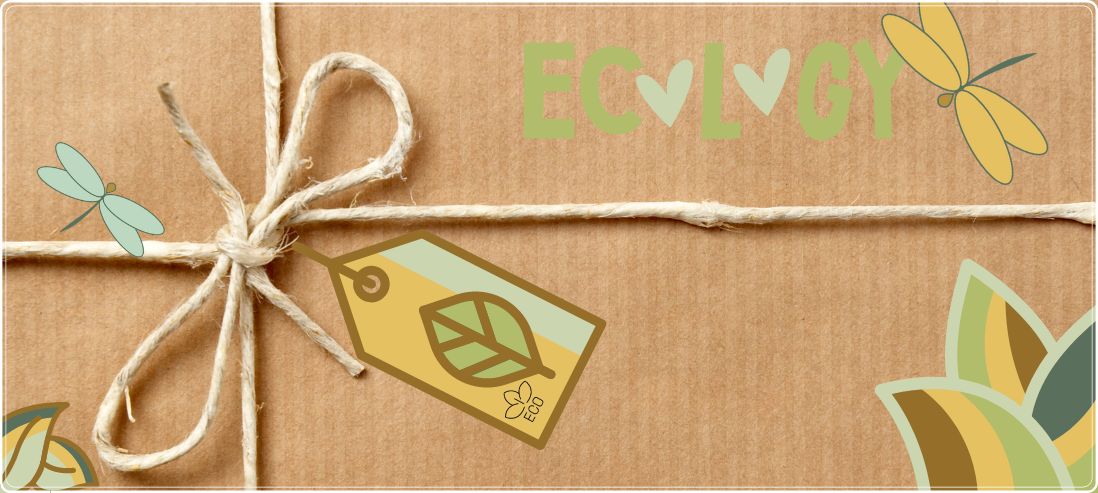 papier kraft-fil de lin- étiquette avec dessin feuille et écolo- e-mot ecology-feuilles et libellules