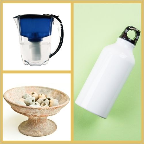 gourde inoxydable, perles céramique, carafe eau avec filtre
