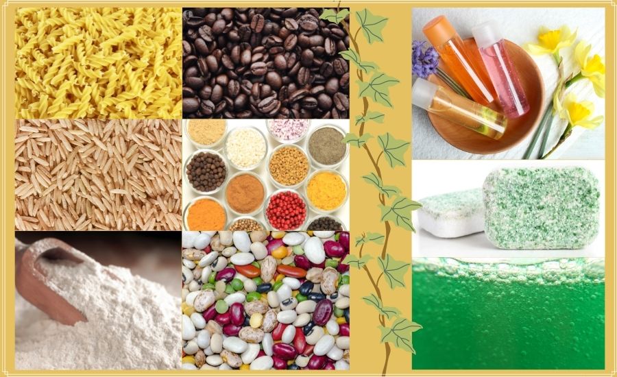 pâtes, épices, farine, café, légumineuses en vrac; savon liquide en vrac et pastilles lave vaisselle à l'unité