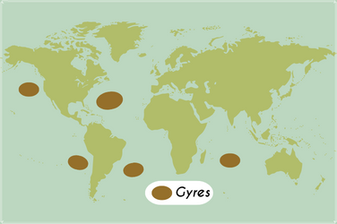 map monde avec emplacements gyres, ilots de déchets plastiques dans les océans 