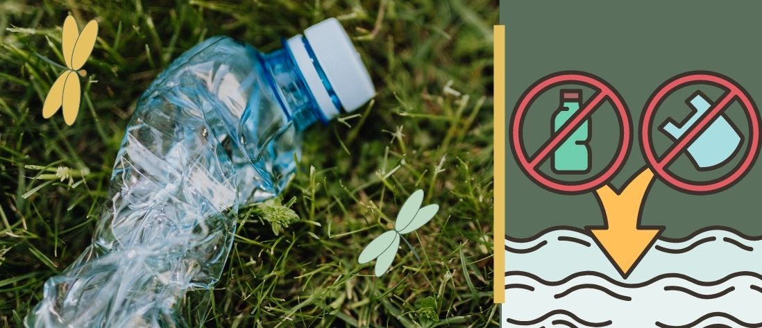 bouteille plastique vide dans herbe- dessin avec bouteille plastique et sac plastique barré avec flèche en direction de l'eau