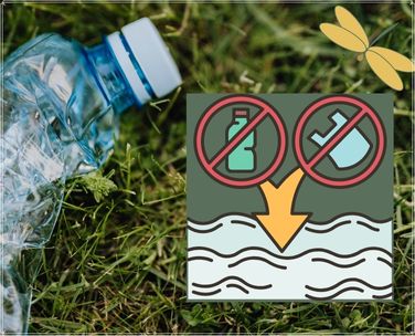 bouteille plastique vide dans herbe- dessin sac et bouteille plastique barré avec flèche en direction de l'eau