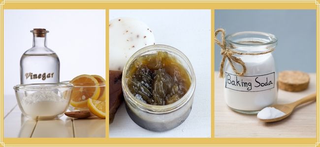 vinaigre blanc, savon noir en pâte et bicarbonate de soude