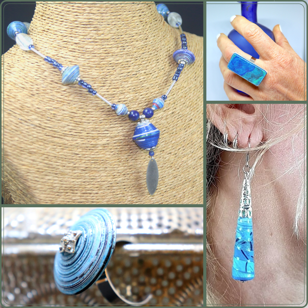 bijoux originaux bague collier et boucles d'oreilles en papier bleu