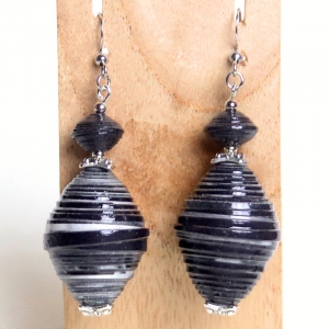 boucles d'oreilles en papier noires avec deux perles de papier: une petit et une grosse, toutes les deux roulées