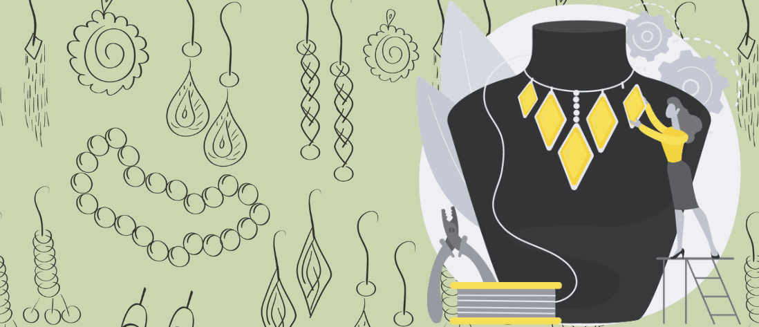 des bijoux de différentes formes et matériaux et une femme qui crée un collier afin d'illustrer les bijoux de créateurs 