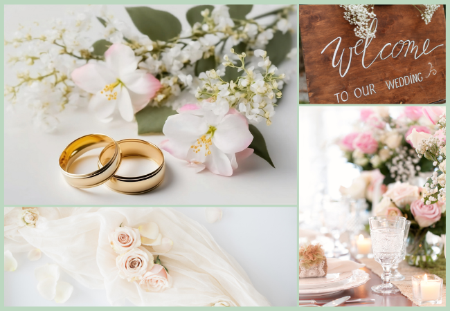 Différentes photos illustrant un mariage: des alliances, des roses, un panneau avec écrit Welcome to our wedding