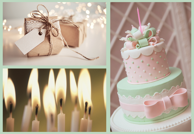 trois photos pour illustrer l'anniversaire: un cadeau, un gâteau et des bougies
