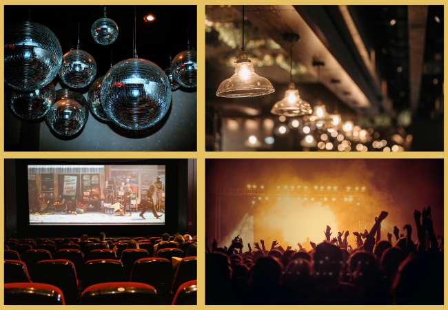 Images illustrant sorties et soirées: boule à facettes, cinéma ou concert et bar