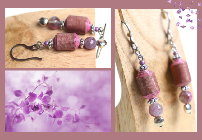 boucles d'oreilles en papier violet et rose artisanales