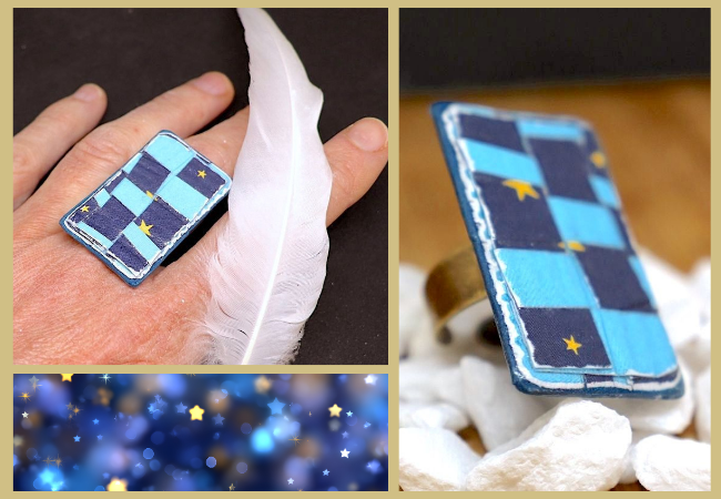 bague artisanale en papier bleu et étoiles jaunes